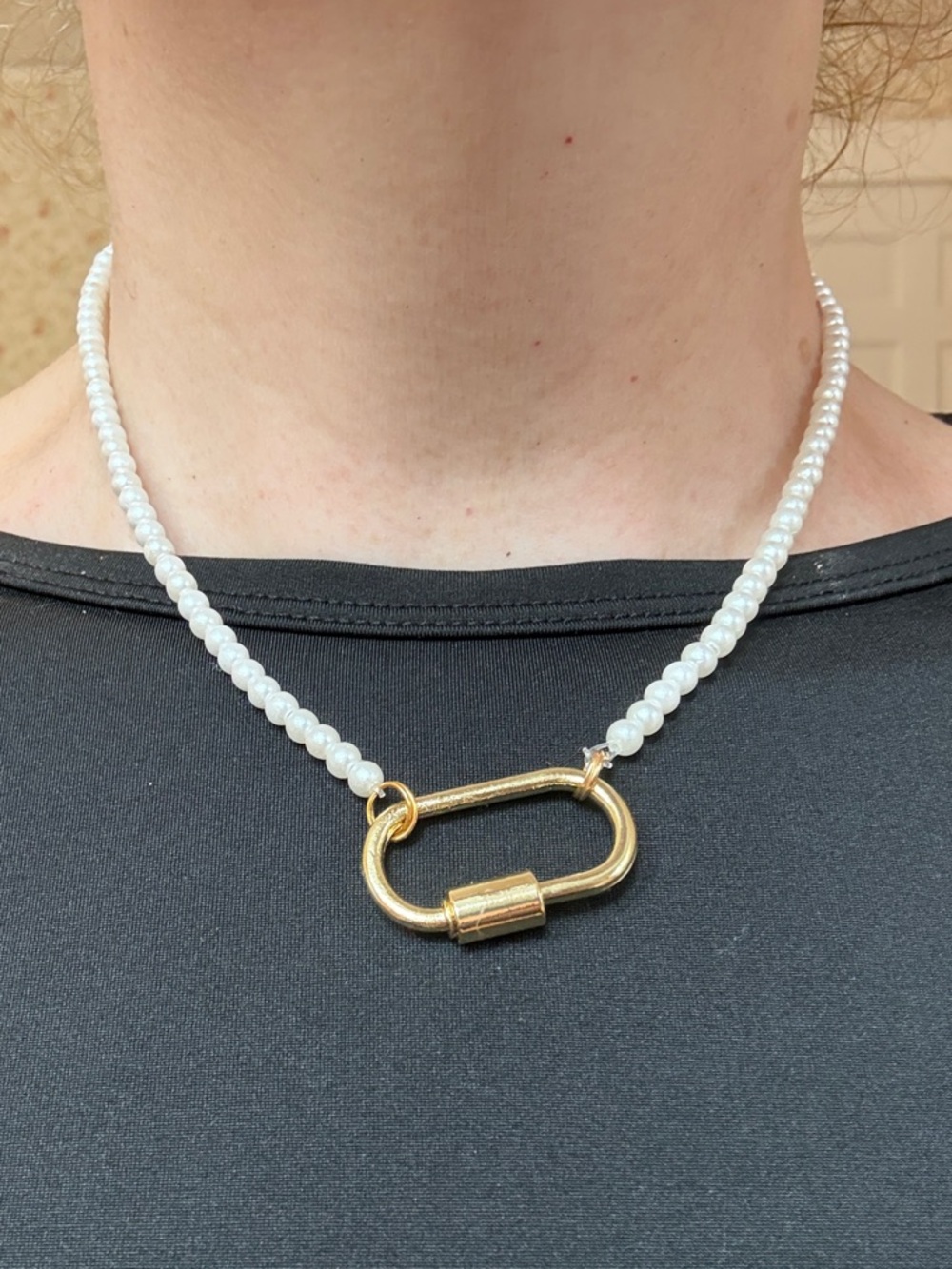 Hand-Crafted White Pearl Necklace with Gold Carabiner Pendant